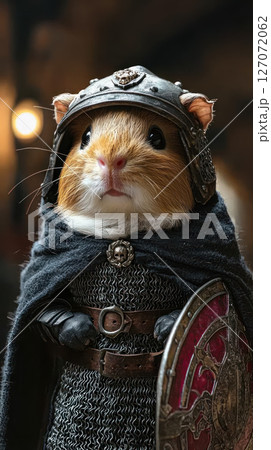 guinea pig dressed in knight costume, complete with armor and shield, exudes bravery and charm 127072062