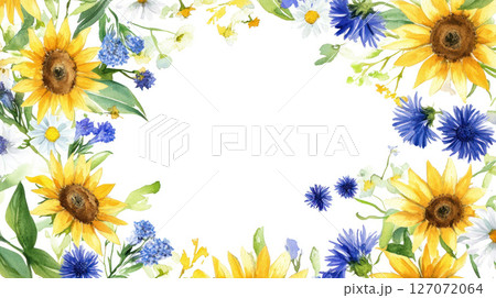 Charming watercolor wreath with sunflowers, daisies, and blue cornflowers, vibrant brushstroke textures, rustic countryside 127072064