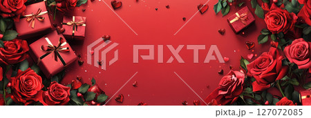 Luxurious red roses, gift boxes, and heart shaped confetti create romantic scene Luxurious red roses, gift boxes, and heart shaped confetti create romantic scene 127072085