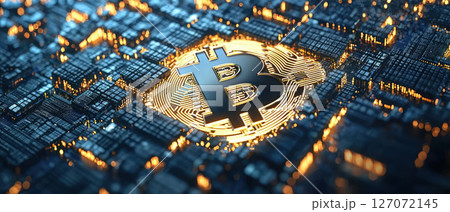 close up of Bitcoin symbol surrounded by digital circuits, representing cryptocurrency technology and blockchain innovation 127072145