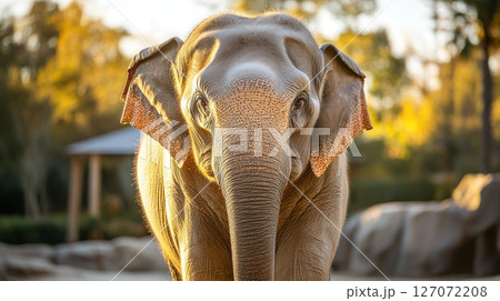 Close up portrait of wise old elephant with deep eyes and textured skin illuminated by soft morning light in natural setting 127072208