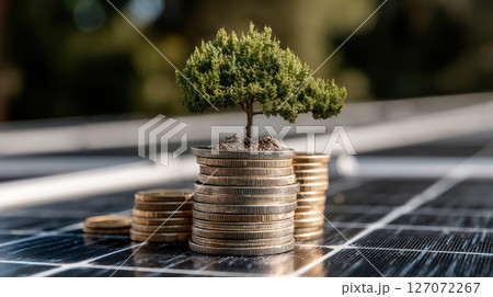 Small tree growing on stacked coins with solar panel background symbolizing sustainable finance and eco friendly investment growth 127072267