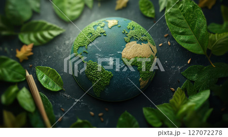 Green leaves surround textured globe with continents made of moss and sand, symbolizing nature and environmental care in peaceful setting 127072278