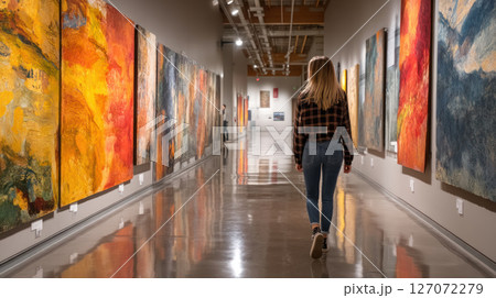 Person walking through modern art gallery with colorful abstract paintings on walls, reflecting on shiny floor, creating calm atmosphere 127072279