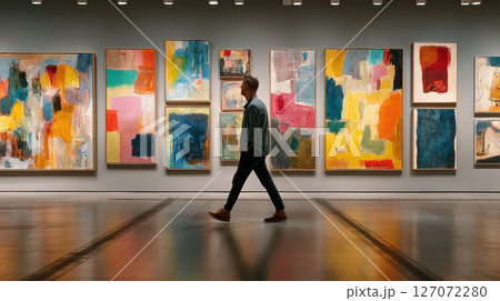 Person walking in modern art gallery with colorful abstract paintings on wall, enjoying creative and vibrant atmosphere 127072280