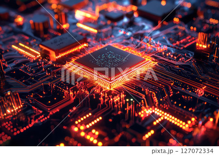 High tech circuit board with glowing components and intricate design 127072334