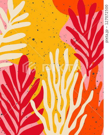 Vertical poster with abstract hand drawn palm leaves, tropical plants. Matisse-inspired floral background. Trendy contemporary wall art, placards, vector illustrations 127072500