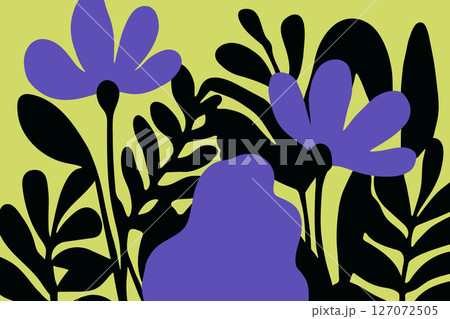Art background with abstract groovy flowers and leaves. Trendy design in naive retro hippie 60s-70s style. Simple hand drawn vector illustration 127072505