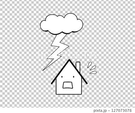 A simple monochrome illustration of a house in a panic after being struck by lightning 127073078