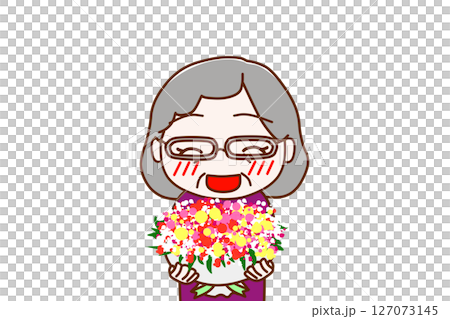 （上半身正面圖）一位老婦人微笑著，試圖將一束花送給某人 127073145