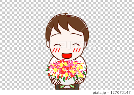 （上身正面照）一名男子微笑著，試圖遞上一束鮮花以示慶祝 127073147