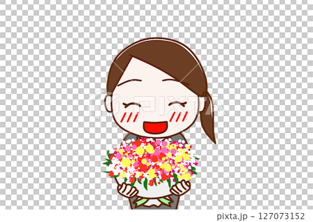 （上半身正面）お祝いの花束を笑顔で渡そうとするスーツ姿の女性 127073152
