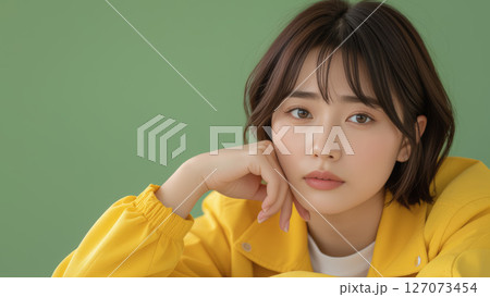 緑の背景で困った表情を見せる黄色いジャケットの若い女性 127073454