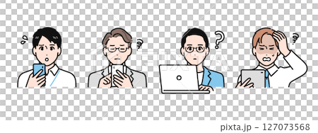 一組簡單的向量插圖，描繪了商務人士看著他們的智慧型手機、平板電腦和個人電腦，擔心 127073568