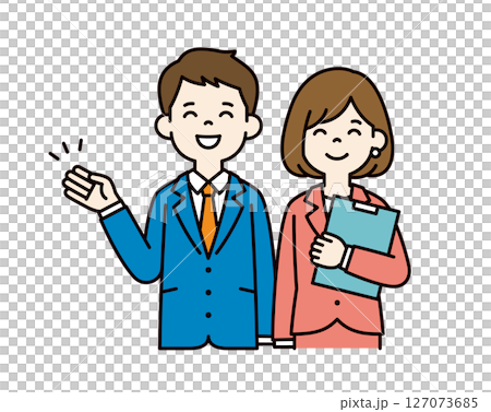 一位年輕商人面帶微笑向顧客解釋的向量插圖素材_男女套裝_顏色 127073685