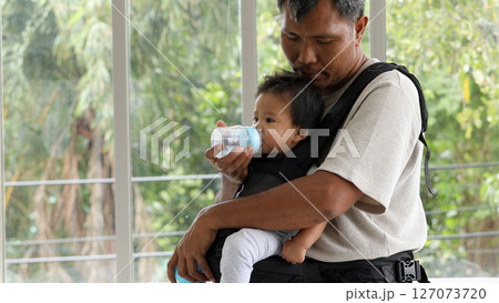 Father feeding baby from bottle while holding them in chest carrier, showing love and parenting care in bright room with nature background Father feeding baby from bottle while holding them in chest carrier, showing love and parenting care in bright room with nature background 127073720