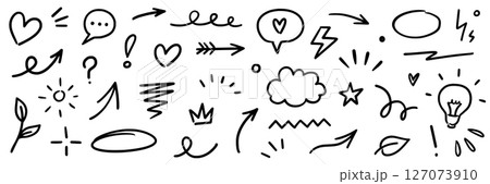 Line marker hand drawn brush arrow element set. Sketch pencil stroke vector graphic pen underline scribble icon. Hand drawn line heart, crown, star symbol highlight marker shape. Vector 127073910