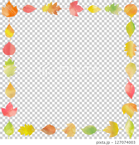 以色彩鮮豔、可愛的落葉組成的方形畫框。使用水彩畫的秋日色彩插圖。 以色彩鮮豔、可愛的落葉組成的方形畫框。使用水彩畫的秋日色彩插圖。 127074003