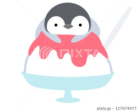 かき氷に乗るペンギン いちご味 シンプル かわいい 動物とデザート (ベクターイラスト) かき氷に乗るペンギン いちご味 シンプル かわいい 動物とデザート (ベクターイラスト) 127074077