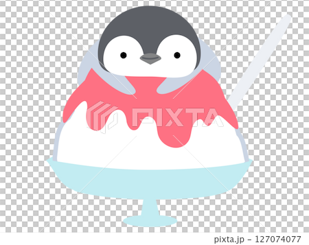 かき氷に乗るペンギン いちご味 シンプル かわいい 動物とデザート (ベクターイラスト) かき氷に乗るペンギン いちご味 シンプル かわいい 動物とデザート (ベクターイラスト) 127074077
