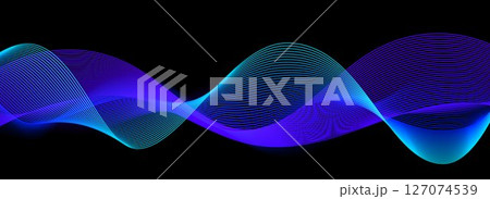 Neon sound wave on black background. Abstract flowing wavy dot lines design for ai concept, eq equalizer, audio record, voice assistant. Vector blue purple gradient dashed curve stripe wallpaper 127074539