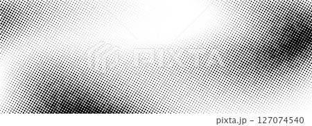 Grunge halftone gradient texture. Vanishing weathered grit noise texture. Black and white sand wallpaper. Retro pixelated backdrop. Anime or manga style comic overlay. Vector textured template surface 127074540