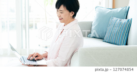 リビングでパソコンを操作する中高年女性 127074854