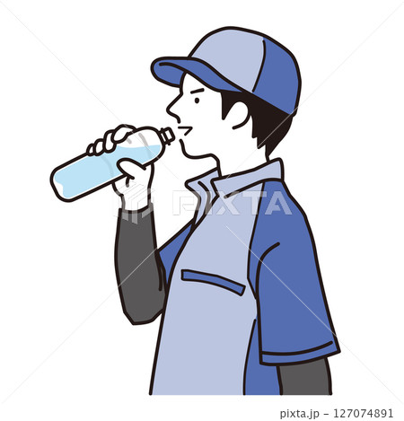 熱中症対策でペットボトルの水を飲む運送業の男性　シンプルなイラスト 127074891