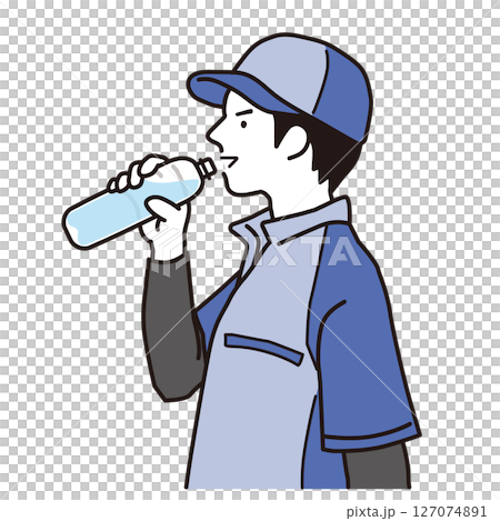 熱中症対策でペットボトルの水を飲む運送業の男性　シンプルなイラスト 127074891