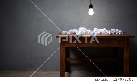 Single Lightbulb Hanging Above a Wooden Desk Surrounded by Crumpled Paper in a Minimalist Setting 127075200