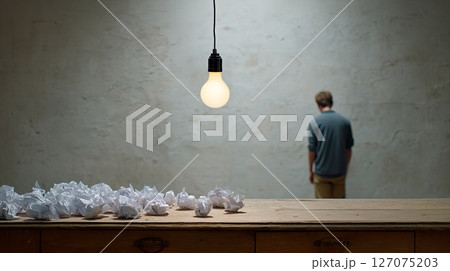 Individual Contemplates Life Choices Under a Single Lightbulb in Sparsely Decorated Room Individual Contemplates Life Choices Under a Single Lightbulb in Sparsely Decorated Room 127075203