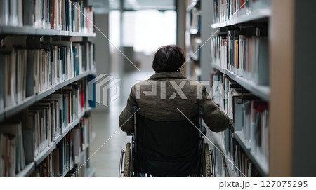 Person in Wheelchair Reaching for Book in Modern Library Environment Person in Wheelchair Reaching for Book in Modern Library Environment 127075295