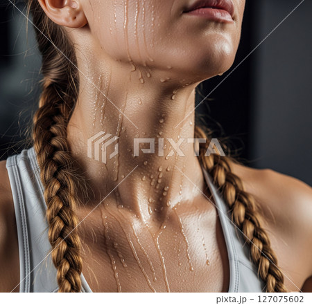 汗で濡れた女性の首元(A woman's neck, wet with sweat) 汗で濡れた女性の首元(A woman's neck, wet with sweat) 127075602