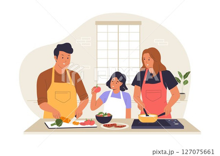 Family Cooking Together Illustration with Parents and Child Preparing Food in Kitchen Family Cooking Together Illustration with Parents and Child Preparing Food in Kitchen 127075661