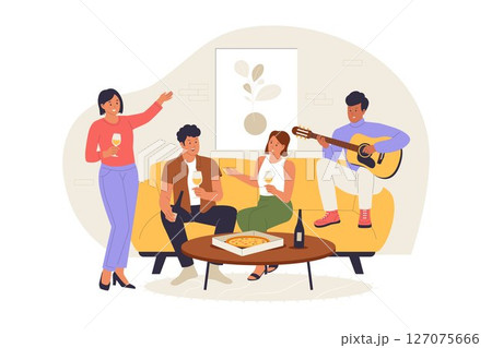 Entertaining Friends at Home Illustration with Music, Pizza, and Drinks Entertaining Friends at Home Illustration with Music, Pizza, and Drinks 127075666