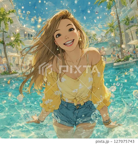 南国リゾートホテルのプールサイドに立つハーフの美女 127075743
