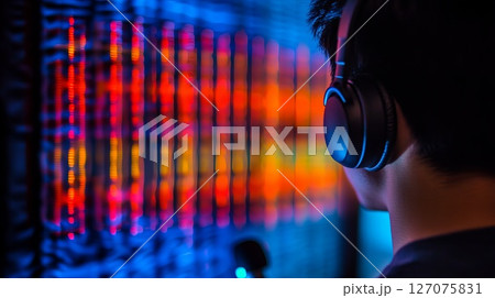 Person with Headphones Engaged in Sound Experience Surrounded by Colorful Waveforms and Lights 127075831