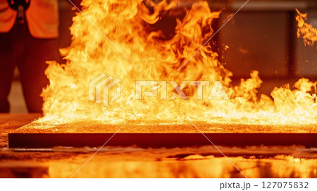 Intense Flames Erupting from a Flat Surface in a Controlled Fire Demonstration Setting 127075832