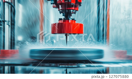 High-Speed Precision Machining Process with Water Spray and Sharp Tool in Action 127075880