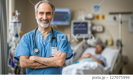 Friendly male doctor in blue scrubs standing confidently in busy hospital room with patient 127075999
