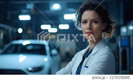 Confident Female Mechanic in Garage with Professional Attire and Modern Vehicle Background 127076000