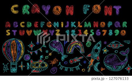 Crayon Drawing of Space and Ocean with English Letters Crayon Drawing of Space and Ocean with English Letters 127076133