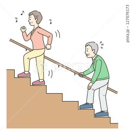 元気に階段を上る高齢女性と辛そうな高齢男性のイラスト 127076173