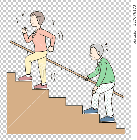 Illustration of an elderly woman climbing the stairs with vigor and an elderly man who seems to be in pain 127076173