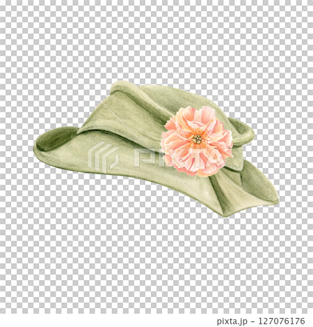 Vintage green hat with peony flower decor, hand-painted in watercolor on white. Perfect for wedding invitations, retro-themed stationery, fashion branding, boutique logos, feminine editorial projects 127076176