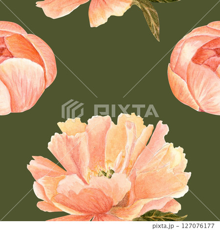 Delicate peony flower bud in soft peach watercolor seamless pattern on olive background. Hand-painted art perfect for wedding invitations, branding, packaging, fabric, digital projects. Coral charm Delicate peony flower bud in soft peach watercolor seamless pattern on olive background. Hand-painted art perfect for wedding invitations, branding, packaging, fabric, digital projects. Coral charm 127076177
