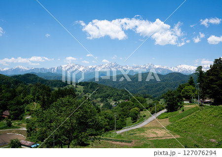 新緑が映える残雪の北アルプス 山並み 新緑が映える残雪の北アルプス 山並み 127076294