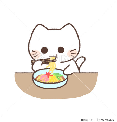 冷やし中華を食べている白い猫のイラスト 127076305