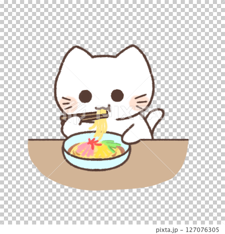 冷やし中華を食べている白い猫のイラスト 127076305