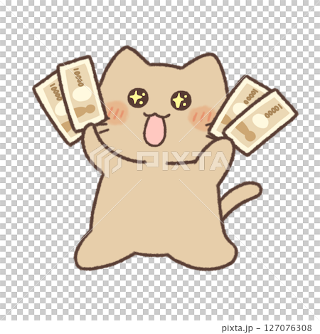 An illustration of a white cat skipping with sparkling eyes and money in both hands An illustration of a white cat skipping with sparkling eyes and money in both hands 127076308